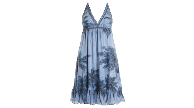 Elegant summer fashion apparel a beautiful blue dress with a repeating tropical palm tree pattern perfect for a vacation getaway or a casual day out in the sun exuding a relaxed island vibe.