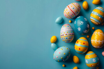 Decorative Easter eggs with dotted and floral patterns in pastel and bold colors arranged on a bright turquoise background with scattered yellow candies, creating cheerful and festive springtime theme