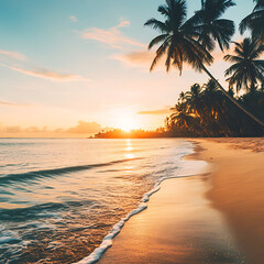 Fototapeta premium Calm beach scene at sunset with palm trees and gentle waves reflecting warm colors.