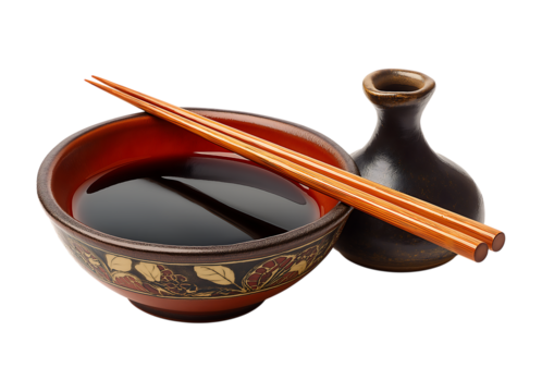 A traditional Japanese soy sauce bowl with elegant chopsticks rests beside a classic sake bottle isolated on a transparent background