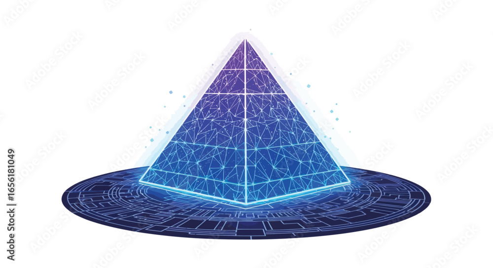 Poster geometric pyramid futuristic hologram of data structure with digital network