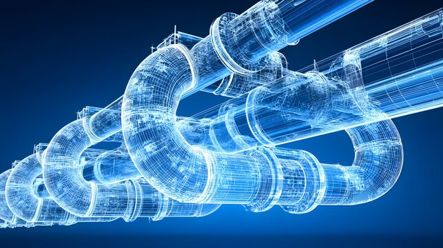 Vibrant 3D wireframe blueprint-style rendering of a complex system of industrial pipes and joints, glowing blue against a solid blue background.