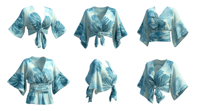 Elegant assortment of four distinct traditional garments showcasing a variety of intricate blue and white patterns on comfortable flowing fabric for ceremonial or casual wear.