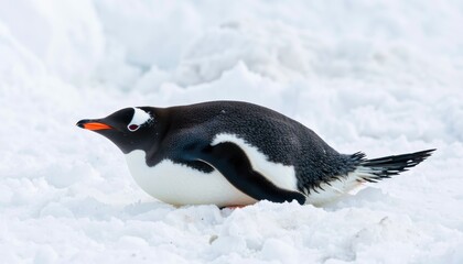 Fototapeta premium A gentoo penguin waddles across the snowy landscape of antarctica