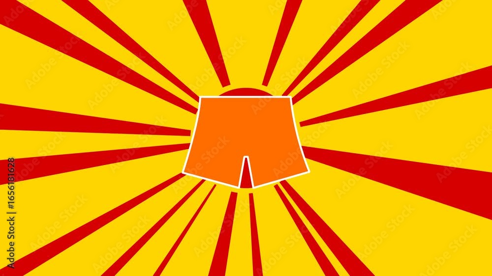 Poster shorts symbol on the background of animation from moving rays of the sun. large orange symbol increa