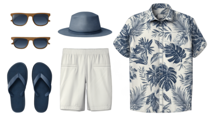 A casual summer day outfit featuring a crisp white button up shirt comfortable shorts for warm weather a protective sun hat and dark sunglasses for eye protection perfect for a relaxed vacation.