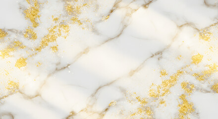 Elegant white marble surface is adorned with shimmering gold glitter, creating a luxurious and festive visual texture with a glamorous feel, ideal for backgrounds and design elements.