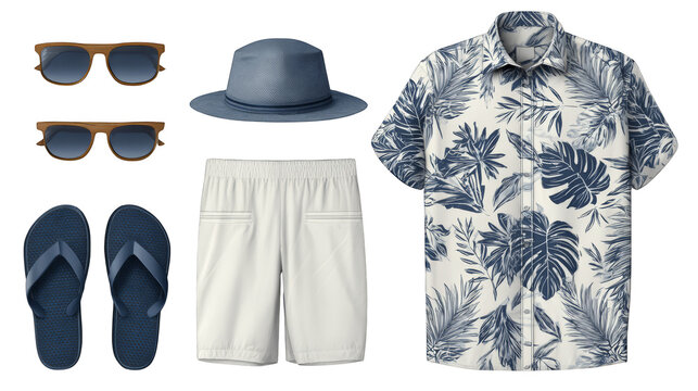 A casual summer day outfit featuring a crisp white button up shirt comfortable shorts for warm weather a protective sun hat and dark sunglasses for eye protection perfect for a relaxed vacation.