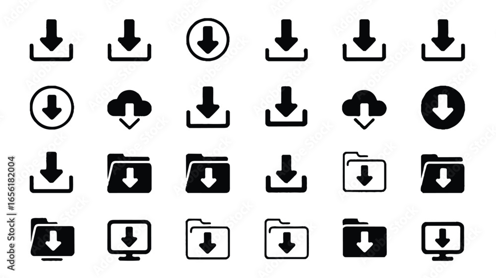 Poster download icons set for website design application interface and user experience black and white vect