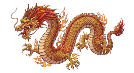 Majestic Golden Dragon Illustration Mythical Creature with Fiery Details on White Background