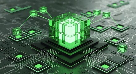 Fototapeta premium Green Blockchain Technology Concept: Futuristic Network, Decentralized System, Digital Data, Abstract Circuit Board Design