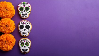 Top view of white and black glazed cookies in shape of mexican skulls  on purple background with marigold and copy spaceGenerated image