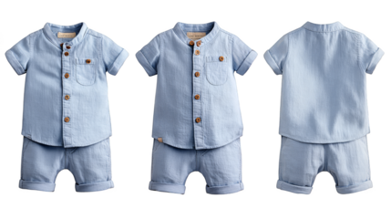 Detailed studio shot of an adorable infant's clothing set showcasing a soft blue t shirt and coordinating shorts for a young boy a classic and comfortable everyday ensemble.