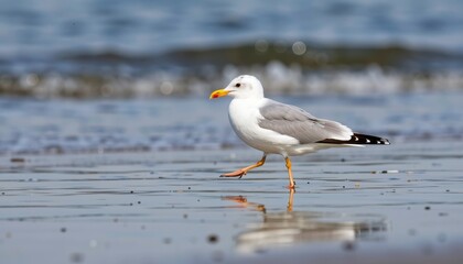 Fototapeta premium A lone seagull walks along the wet sand of a beach, with the ocean in the background