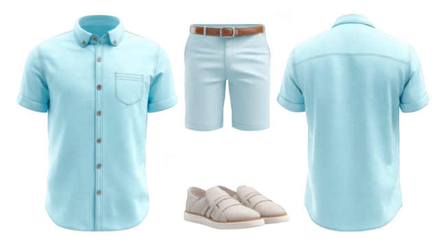 A complete professional golfing outfit ensemble featuring a classic polo shirt comfortable athletic shorts and specialized spiked shoes meticulously arranged for a day on the green course.