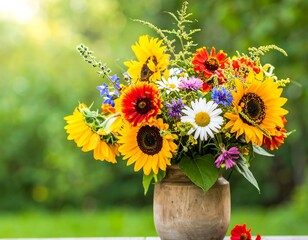Vibrant bouquet of wildflowers in a rustic vase