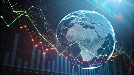 Global financial data analysis with world map overlay, showcasing market trends, investment strategies, and economic growth visualization