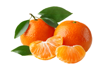 Two fresh mandarins with vibrant green leaves are presented alongside juicy, peeled segments isolated on a transparent background