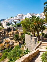 Fototapeta premium Scenic view of white traditional houses on a hill with palm trees and stone stairs in ronda, andalusia, spain