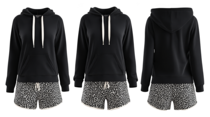 Casual Loungewear Set with a Black Hoodie and Animal Print Shorts.