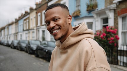 Fototapeta premium A cheerful man wearing a beige hoodie walks along a lively street adorned with charming houses and bright flower arrangements. His warm smile adds to the inviting atmosphere of the scene.
