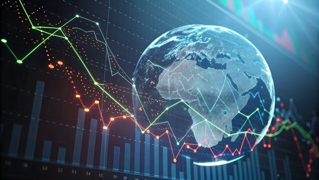 Global financial data analysis with world map overlay, showcasing market trends, investment strategies, and economic growth visualization