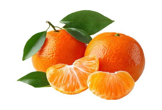 Two fresh mandarins with vibrant green leaves are presented alongside juicy, peeled segments isolated on a transparent background
