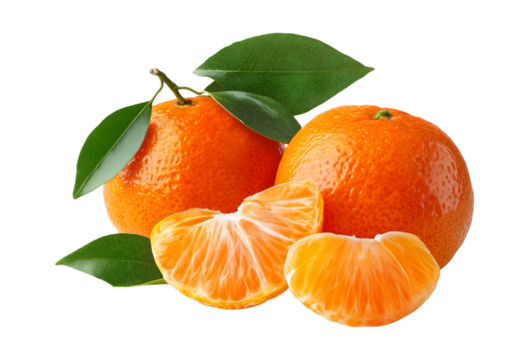 Two fresh mandarins with vibrant green leaves are presented alongside juicy, peeled segments isolated on a transparent background