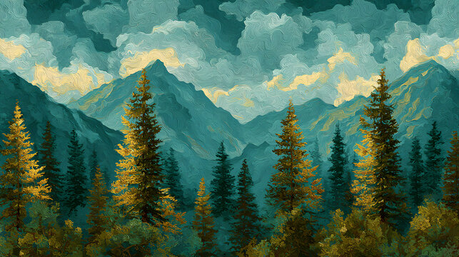 Classic oil painting landscape seamless pattern. Natural abstract style including trees and mountains.&nbsp;
