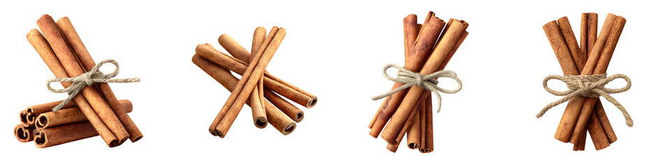 Cinnamon Sticks Bundles: Aromatic Spice Set Tied with Twine on White