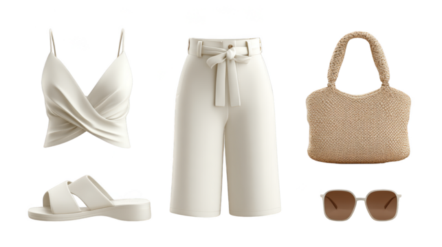 An elegant and stylish assortment of pure white fashion clothing showcasing a complete outfit with various garments accessories and items for a sophisticated and modern personal style presentation.