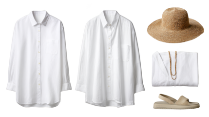 A classic and minimalist fashion ensemble featuring a clean white shirt a stylish hat and a comfortable pair of shoes perfect for a casual yet elegant look.