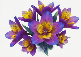 Fototapeta premium Purple and yellow crocus flowers blooming in a small bouquet against a white backdrop, showcasing their vibrant colors and delicate petals in a spring theme.