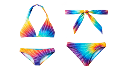 A vibrant and colorful tie dye patterned bikini set perfect for summer days at the beach or lounging by the pool. This stylish two piece swimsuit is a must have for warm weather.