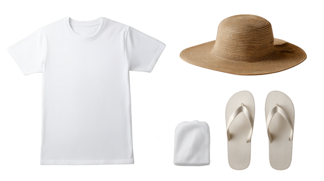 A casual summer outfit ensemble featuring a clean white t shirt a stylish sun hat and comfortable matching flip flops ready for a relaxing day at the beach or a sunny afternoon stroll.