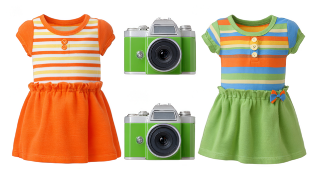 A classic still life arrangement featuring three elegant garments alongside a vintage photographic device capturing a moment of timeless style and the art of image making.