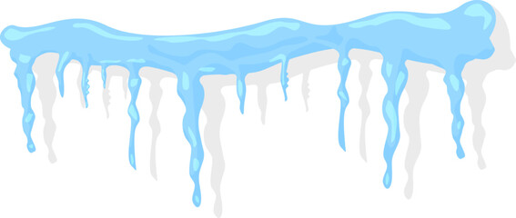 Row of melting icicles dripping water with gray shadows on white background representing winter, cold, snow, ice, thaw, freeze, nature, and change of season