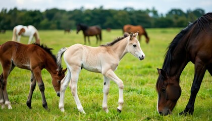 Fototapeta premium A group of horses and foals grazing peacefully in a lush green pasture on a sunny day