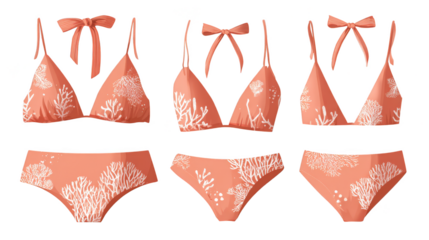 A vibrant collection of stylish two piece swimsuits each adorned with a charming and decorative bow presented as a fashionable set for summer beachwear and poolside relaxation.