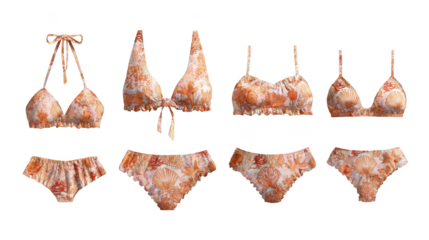 A vibrant and colorful collection of six stylish two piece swimsuits for summer vacation and beach getaways. An assortment of fashionable swimwear perfect for sunbathing by the pool.