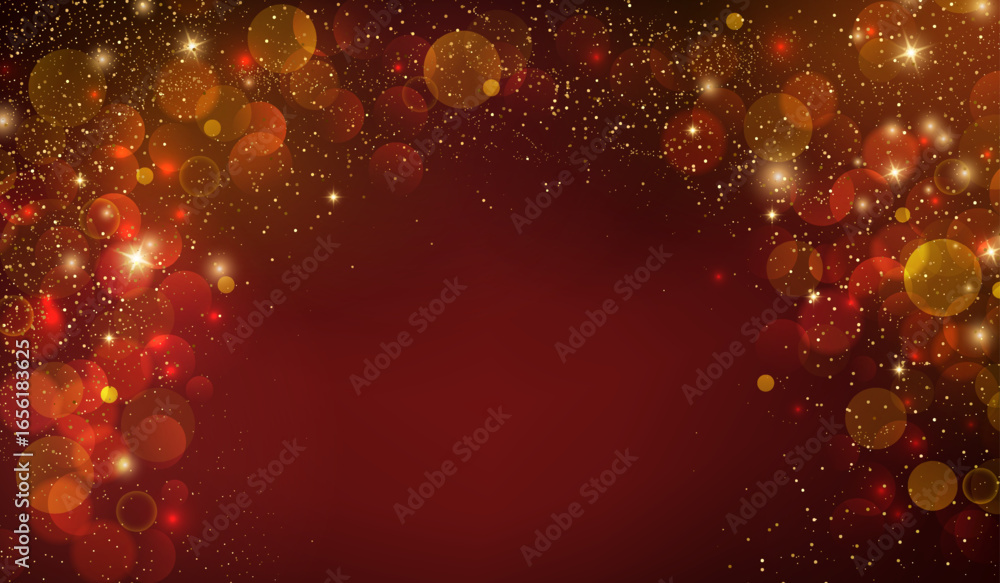 Poster shiny festive background. abstract red gold glitter background. bokeh and confetti design element fo