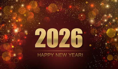 2026 Merry Christmas and Happy New Year Abstract Shiny Gold Glitter Wave Background. Bokeh and Confetti Design Element for Banner, Poster, Website Congratulations.