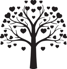 Fototapeta premium A stylized black silhouette of a tree with numerous heart shaped leaves adorning its branches against a white background Art & Illustration