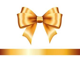 Shiny gold satin ribbon on white background. Vector Christmas gift, valentines day, birthday wrapping element