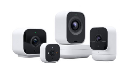 Collection of modern white smart home security cameras.