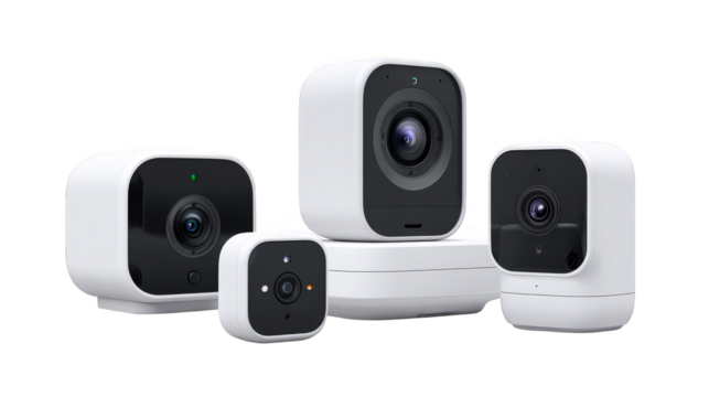 Collection of modern white smart home security cameras. - Powered by Adobe
