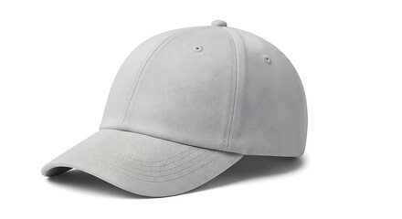 Fototapeta premium A light gray baseball cap, viewed from the side, casting a shadow on a white background.