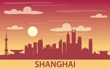 Fototapeta premium A stylized silhouette of Shanghai against the backdrop of the sunset. The upper part of the drawing features warm shades of the sky with clouds and the sun.