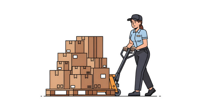 Woman Moving Stacked Cardboard Boxes with Pallet Jack Transportation and Logistics