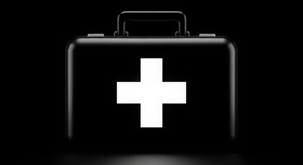 Obraz premium A black first aid kit with a white cross on the front isolated on a black background in a studio shot